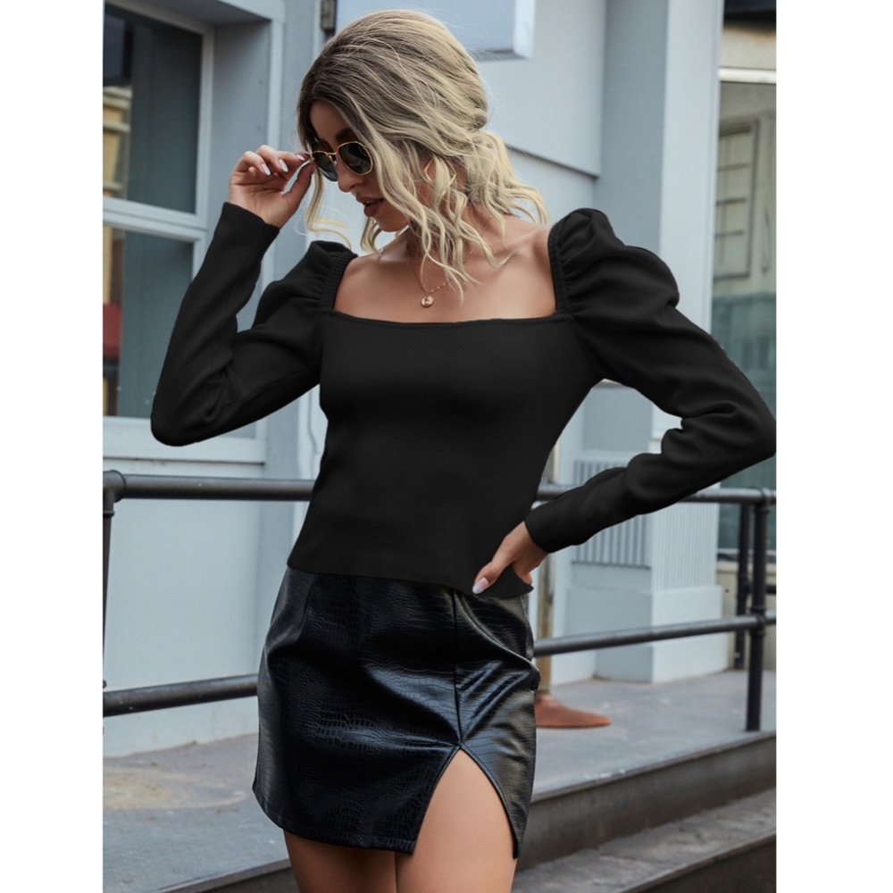 Puff Shoulder Square Neck Black Knit Top - Picture 4 of 8